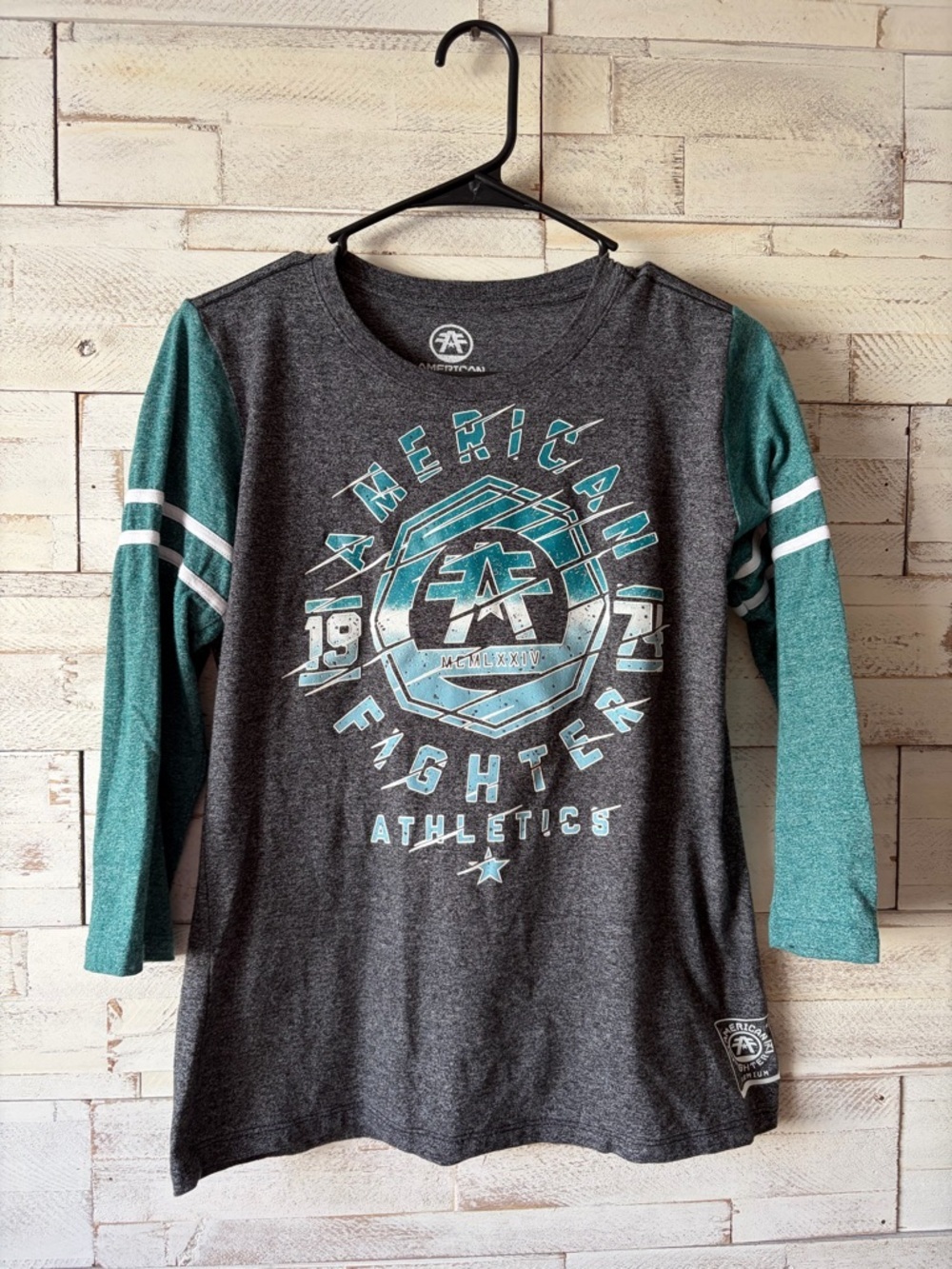 American Fighter Heather Charcoal & Teal Graphic Tee baseball 3/4 sleeve medium